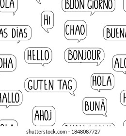 Seamless pattern with the word hello written in different languages.  Doodle speech bubble. White background. 