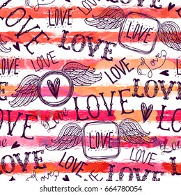 Seamless pattern with the word love and angel wings.Freehand drawing. Can be used on packaging paper, fabric, background for different images, etc.