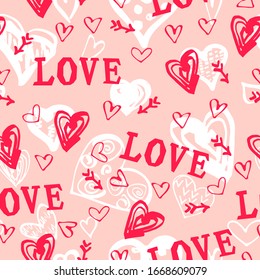 Seamless pattern with word Love and hand drawn style hearts. Vector illustration for textiles and fabrics, wallpapers, Happy St Valentine's day.