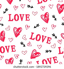 Seamless pattern with word Love, hand drawn style hearts. Vector illustration for textiles and fabrics, wallpapers, Valentine's day.