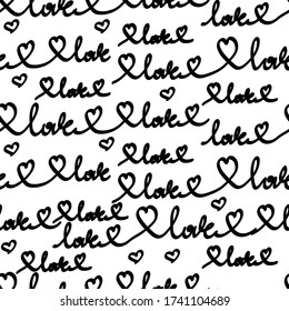 Seamless pattern. With the word love and heart. Handwriting. Hand write vector text. Valentine s day decoration. Ink illustration. Modern calligraphy. Isolated on a white background.
