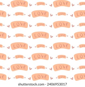 Seamless pattern of word love with hearts for Valentine's day in peach fuzz color.Vector.