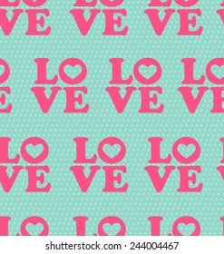 Seamless pattern with word love on light blue background