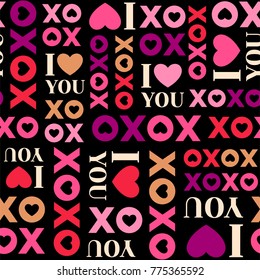 Seamless pattern of word “xoxo” and “I love you” on black background for valentine’s day