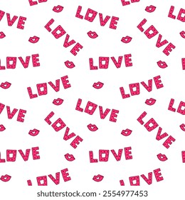 Seamless pattern with the word "LOVE" and pink lips on a white background. Perfect for Valentine's Day, romantic designs, and affectionate decorations