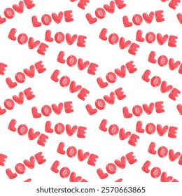 Seamless pattern with the word LOVE in red lettering. For Valentine Day designs, greeting cards, gift wrapping