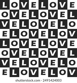 seamless pattern of the word love in repeating plaid shapes in black and white