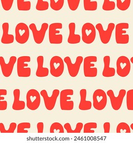 Seamless pattern with word love in retro groovy style.  Vector background with lettering