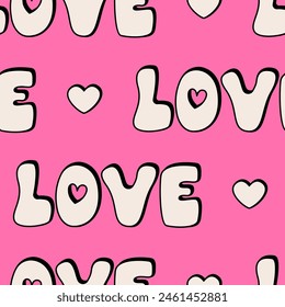 Seamless pattern with word love in retro groovy style. Vector background with outline lettering and hearts