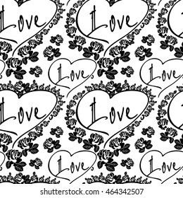Seamless pattern with word "love" and roses silhouettes. Original custom hand lettering. Vector clip art.