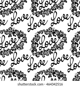 Seamless pattern with word "love" and roses silhouettes. Original custom hand lettering. Vector clip art.