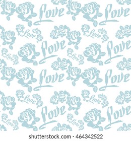 Seamless pattern with word "love" and roses silhouettes. Original custom hand lettering. Vector clip art.