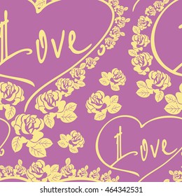 Seamless pattern with word "love" and roses silhouettes. Original custom hand lettering. Vector clip art.