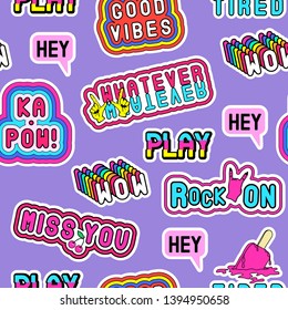 Seamless pattern with word patches "Whatever”, “Ka-pow””, “Hey”, “Wow”, “Rock On”, “Tired”, “Good vibes”, etc. Purple background.