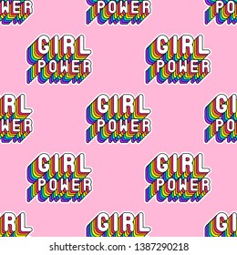 Seamless pattern with word patches "Girl Power”. Pink background.