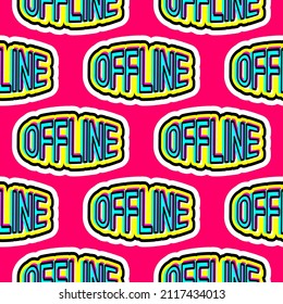 Seamless pattern with word patches “Offline" isolated on bright red background. Quirky cartoon retro comic style. Vector wallpaper.