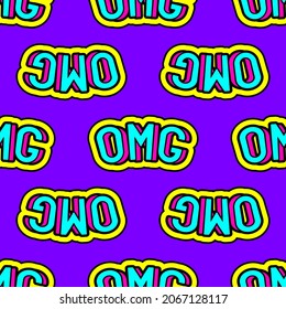 Seamless pattern with word patches “OMG” ("Oh my god!") isolated on purple background. Kids vector wallpaper. Quirky cartoon comic style.	