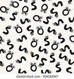 Seamless pattern with word SOS. Repeating monochrome texture. Hand drawn hipster design. Random cute characters with eyes. 