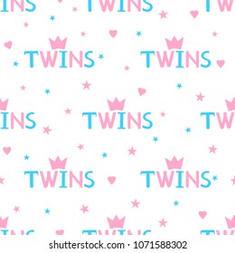 Seamless pattern with word twins, crowns, hearts and stars. Vector illustration
