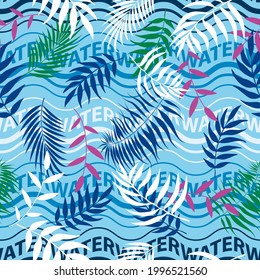 Seamless pattern of the word "water" and colored leaves on a blue background.