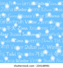 Seamless pattern with word "Winter" on the languages of the countries with a snowy winter