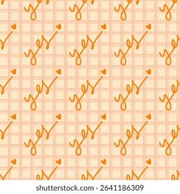 Seamless pattern with the word "yay" in orange  with small orange hearts