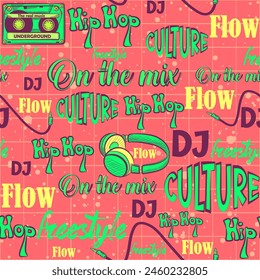 Seamless pattern of a wordcloud with hiphop elements and text. Repeat background with headphones, tapes, cables and graffiti