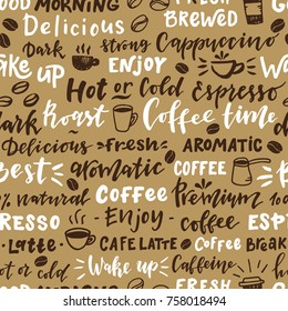 Seamless pattern of words about coffee. Hand drawn illustration with hand lettering. Great for cafe, bars, wallpaper, wrapping paper.