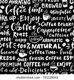 Seamless pattern of words about coffee. Hand drawn illustration with hand lettering. Great for cafe, bars, wallpaper, wrapping paper.