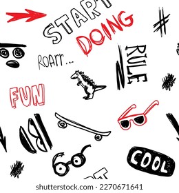 Seamless pattern with words, arrow, pineapple, skate, face.  Background for textile, fabric, stationery, clothes, accessories and other designs.