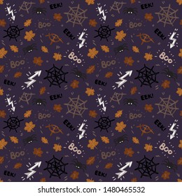 Seamless pattern with words Boo and Eek, bats, spiders, webs, lightning, leaves and stars