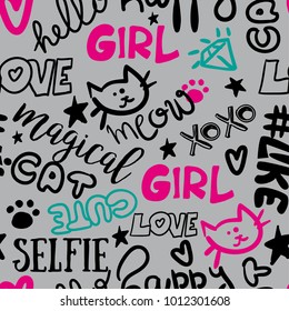 Seamless pattern with words, a cat, a diamond, a heart, a star. For textiles, clothing, fabrics, wrapping paper, for girls, web, pastel, and other designs