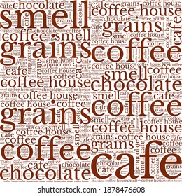 Seamless pattern with the words coffee, cafe, love, coffee house, grains, cup for packaging.