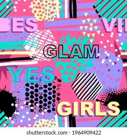 Seamless pattern with words and geometric shapes on background. Girlish vector pop wallpaper. Funny cartoon comic style of 80-90s 