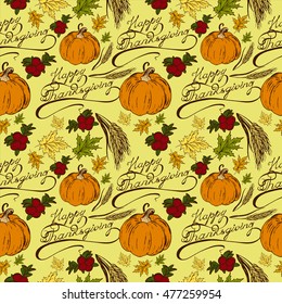 seamless pattern with the words Happy Thanksgiving, maple leaves, pumpkin, cranberries, wheat ears
