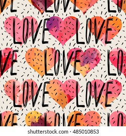 Seamless pattern of words and hearts. Love. Freehand drawing