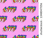 Seamless pattern with words “Love” isolated on pink background. Text patches vector wallpaper. Quirky funny cartoon comic style of 80-90s.