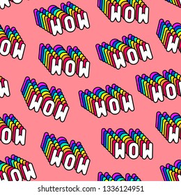 Seamless pattern with words “Wow” isolated on coral red background. Text patches vector wallpaper. Quirky funny cartoon comic style of 80-90s. 