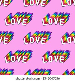 Seamless pattern with words “Love” isolated on pink background. Text patches vector wallpaper. Quirky funny cartoon comic style of 80-90s.