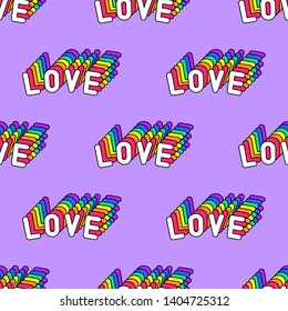 Seamless pattern with words “Love” isolated on purple background. Text patches vector wallpaper. Quirky funny cartoon comic style.