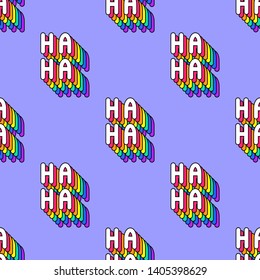 Seamless pattern with words “Ha-Ha” isolated on blue background. Text patches vector wallpaper. Funny cartoon comic style.