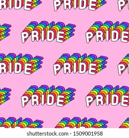 Seamless pattern with words “Pride” isolated on pink background. Text patches vector design. Gay, LGBT rainbow concept. Wallpaper for fabric, banner, wrapping paper, etc.