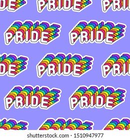 Seamless pattern with words “Pride” isolated on blue background. Text patches vector design. LGBT wallpaper for fabric, banner, wrapping paper, etc.	