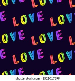 Seamless pattern with words “Love” isolated on black background. Vector wallpaper. 