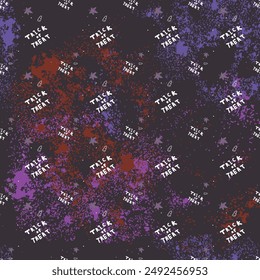 Seamless pattern words and leaves in doodle style. Bright spots and dots of purple and orange shades. Vector illustration for Halloween. 
	 