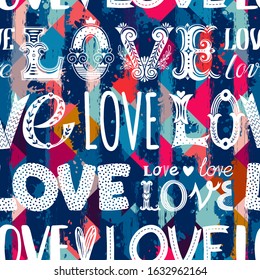 Seamless pattern of words. Love. Can be used on packaging paper, fabric, background for different images, etc. Freehand drawing