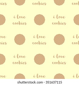 Seamless pattern with the words I love cookies and biscuits beige pattern on a light yellow background.