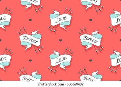 Seamless pattern with words Love and Forever for Valentine Day, Lovers Day or wedding. Hand drawn design in Love theme for wrapping paper, packaging, wallpaper, background. Vector Illustration