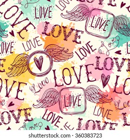 Seamless Pattern Of Words. Love. Freehand Drawing.