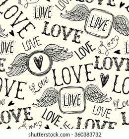 Seamless pattern of words. Love. Freehand drawing.